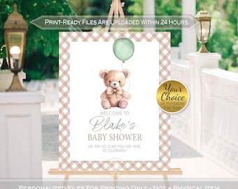 Bear Baby Shower Personalized Welcome Sign: Neutral Gingham and Green (Digital Download)