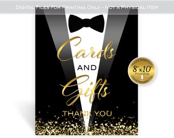 Cards and Gifts 8x10" Printable Sign | Black Tuxedo with Gold Confetti (Digital Download)
