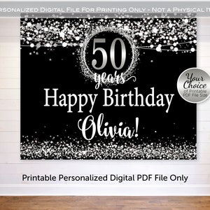 Birthday Backdrop Banner Printable Files | Silver on Black | Man or Woman's 30th 40th 50th 60th 70th Any Age Birthday | Digital PDF FILE