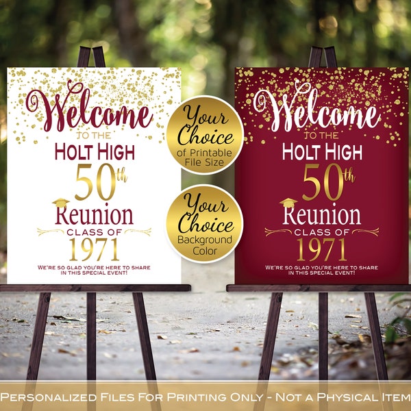 Class Reunion Personalized Welcome Sign Printable File | Gold Confetti on White or Garnet | Any Class Any Year | DIGITAL PRINTABLE FILES