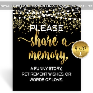 Retirement Share a Memory 8x10 Table Sign Printable | Retirement Wishes | Faux Gold Confetti | Garland | Digital INSTANT DOWNLOAD