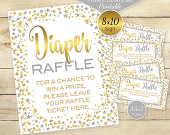 Diaper Raffle 8x10 Table Sign and Tickets for Baby Shower | Twinkle Silver and Gold Star Confetti | Printable | INSTANT DOWNLOAD