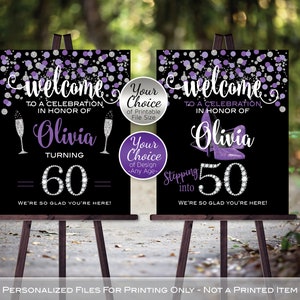 Birthday Welcome Sign Printable | Diamonds Purple Silver | Champagne or Heels | 40th 50th Any Age | Personalized DIGITAL PRINTABLE FILES