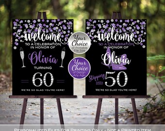 Birthday Welcome Sign Printable | Diamonds Purple Silver | Champagne or Heels | 40th 50th Any Age | Personalized DIGITAL PRINTABLE FILES