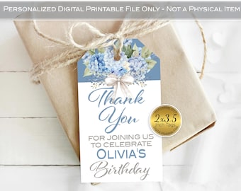 Hydrangea 2x3.5 Thank You Favor Tags | Blue and Cream Coquette Design with Bow | Personalized Printables | Digital Files