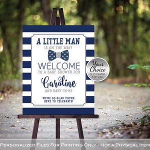 Little Man Baby Shower Welcome Sign Printable | Navy White Stripes | Navy Gray Polka Dot Bow Tie | Personalized | PRINTABLE DIGITAL File