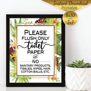 Septic System Do Not Flush | Flush Only Toilet Paper Tropical Bathroom Decor Printable | 8x10 and 5x7 | Gold | DIGITAL INSTANT DOWNLOAD