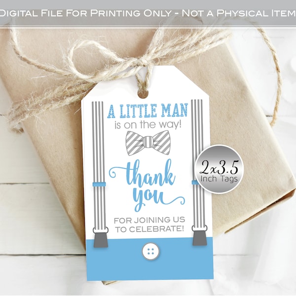 Little Man Favor Tags for Baby Shower | 2x3.5 | Baby Blue and Gray | Thank You | Bow Tie | Suspenders | Digital Printable | INSTANT DOWNLOAD