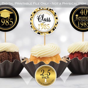 Round Cupcake Toppers | 40th Reunion Class of 1985 | 2.5 inches | Black Gold | Faux Gold Glitter | Digital INSTANT DOWNLOAD