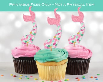 Mermaid Tail Cupcake Toppers | Digital Printable | 3 x 1.25 inches | Pinks Mints Gold | Digital INSTANT DOWNLOAD PDF File