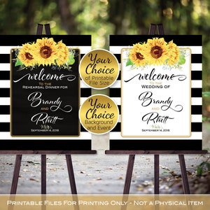 Sunflower Wedding or Rehearsal Dinner or Welcome Printable Sign | Black White Stripes | Personalized | DIGITAL PRINTABLE FILES