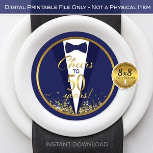 50th Birthday Plate Charger Insert: Navy Blue & Gold Tuxedo (Digital Download)