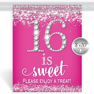 16 is Sweet Please Enjoy a Treat 16th Birthday 8x10 Printable Table Sign | Hot Pink | Diamonds | Silver Confetti | Digital INSTANT DOWNLOAD