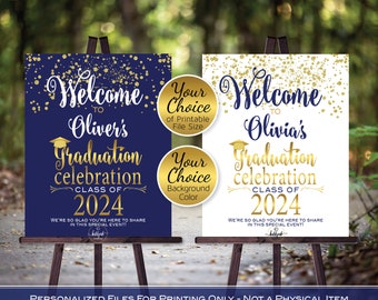 Graduation Celebration Party Personalized Welcome Sign Printable | Navy | Gold Confetti | Class of 2024 | DIGITAL PRINTABLE FILES