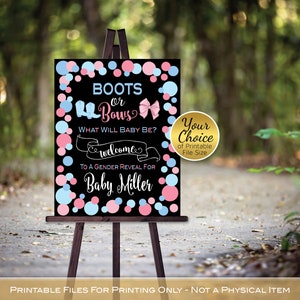 Gender Reveal Boots or Bows Welcome Sign | Printable | Pink and Blue on Black | Personalized | PRINTABLE DIGITAL FILES