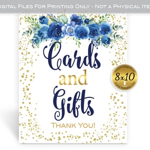 Cards and Gifts Printable 8x10 Sign | Birthday | Wedding | Anniversary | Navy Blue Flowers Gold Confetti | Digital INSTANT DOWNLOAD