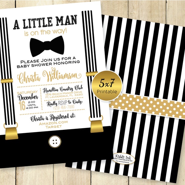 A Little Man Baby Shower Invitation | Bow Tie & Suspenders | 5x7 | Black and Faux Glitter Gold | Personalized | DIGITAL PRINTABLE File