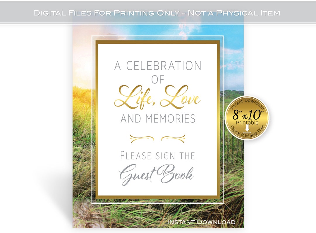 Funeral Guest Book Table Sign 8x10 Printable | Beach Sunset With Sand ...