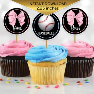 Baseballs or Bows Gender Reveal Cupcake Toppers 2.25 Inches Round | Pink Blue on Black | Boy or Girl | Digital Printable INSTANT DOWNLOAD
