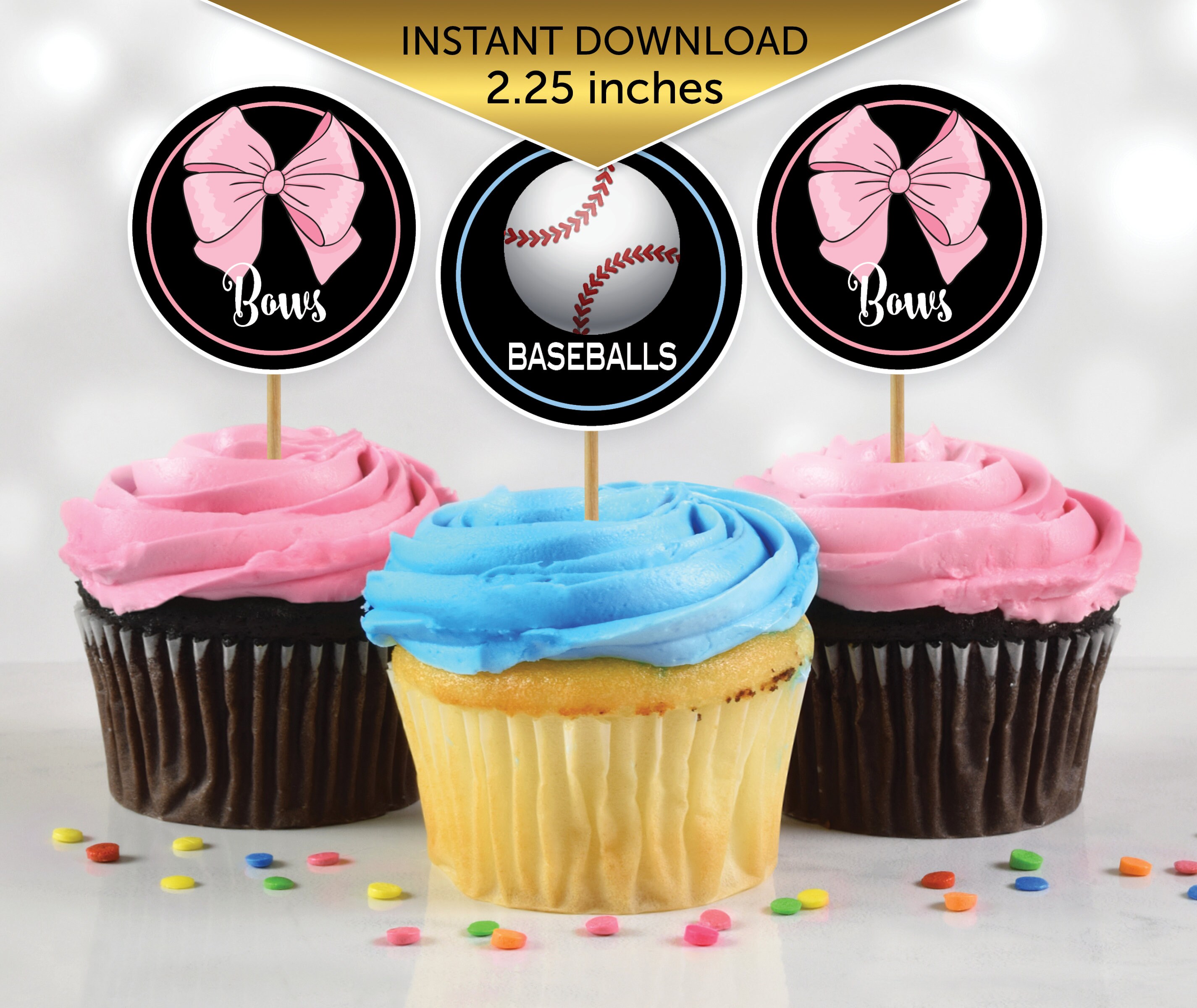 Baseballs or Bows Gender Reveal Cupcake Toppers 2.25 Inches Etsy España