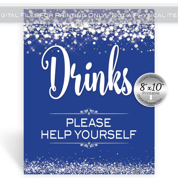 Drinks Table Sign | 8x10 | Royal Blue | Faux Silver Confetti and Garland Lights | Birthday | Wedding | 50th 60th | Digital INSTANT DOWNLOAD