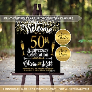 Anniversary Welcome Sign Printable | 50th Golden or Any Anniversary | Garland Lights | Gold Confetti | Personalized | DIGITAL PRINTABLE FILE