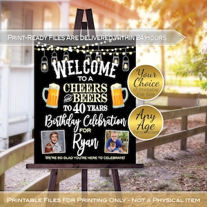 Cheers and Beers Man's Any Age Birthday Welcome Sign with Photos | Garland Lights Lanterns | Black | Personalized | DIGITAL PRINTABLE FILES