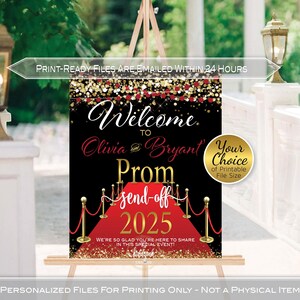 Peut inclure: Une pancarte de bienvenue noire et rouge avec des accents de paillettes dorées pour un départ de bal. La pancarte indique "Bienvenue à Olivia et Bryant's Prom Send-Off 2025".
