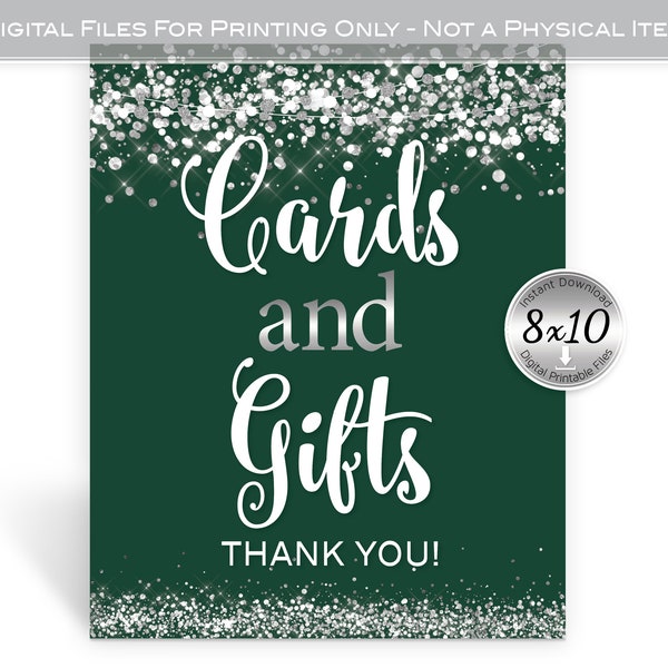 Cards and Gifts Table Sign 8x10 Printable | Forest Green and Silver | Silver Confetti | Graduation | Digital INSTANT DOWNLOAD