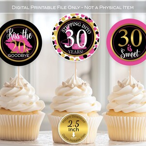 Round Cupcake Toppers for 30th Birthday | Kissing 20&#39;s Goodbye | Lips | Heels | 2.5&quot; Round | Pink Black Gold | Digital INSTANT DOWNLOAD PDF