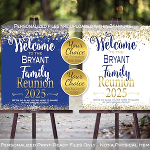 Family Reunion Personalized Welcome Sign Printable File | Gold Confetti on White or Royal Blue | Any Year | DIGITAL PRINTABLE FILES