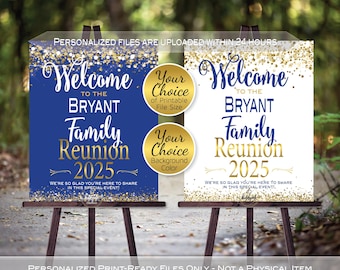 Family Reunion Personalized Welcome Sign Printable File | Gold Confetti on White or Royal Blue | Any Year | DIGITAL PRINTABLE FILES