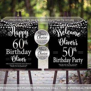 Birthday Welcome Sign Printable File | Garland Lights | Silver Confetti | 40th 50th 60th or Any Age | Personalized | DIGITAL PRINTABLE FILES