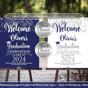 Graduation Celebration Party Personalized Welcome Sign Printable | Navy and Silver Confetti | Class of 2024 | DIGITAL PRINTABLE FILES