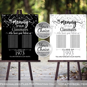 In Memory of Classmates Class Reunion Any Year Personalized Sign Printable File | Black and Silver | DIGITAL PRINTABLE FILES