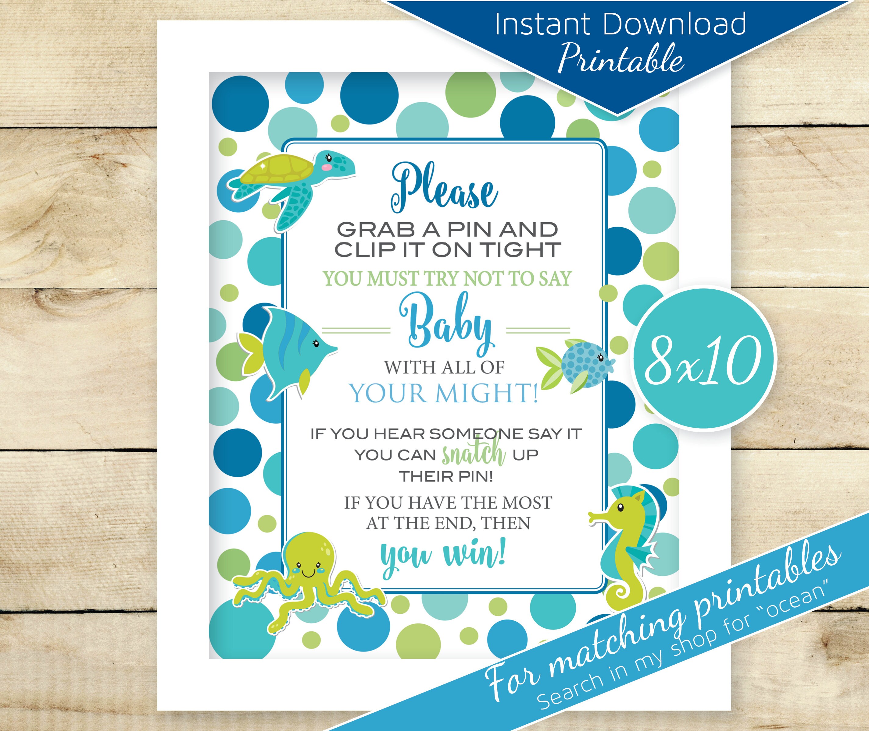 Ocean Theme Don't Say Baby Clothes Pin Game Baby Shower 