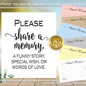 90th Birthday Share a Memory 8x10 Sign and 4x6 Note Cards | Cheers to 90 Years | Printable | INSTANT Digital DOWNLOAD