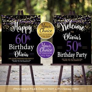 Birthday Welcome Sign Printable | Garland Lights | Purple Gold Confetti | 40th 50th 60th or Any Age | Personalized | DIGITAL PRINTABLE FILES