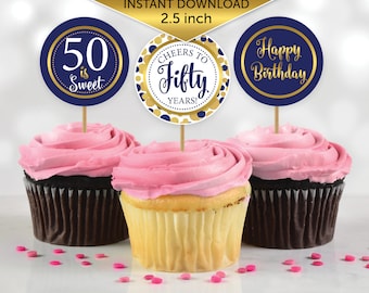 Pink topper 50th Birthday Number 50 Silver 12 x glitter cupcake toppers Gold