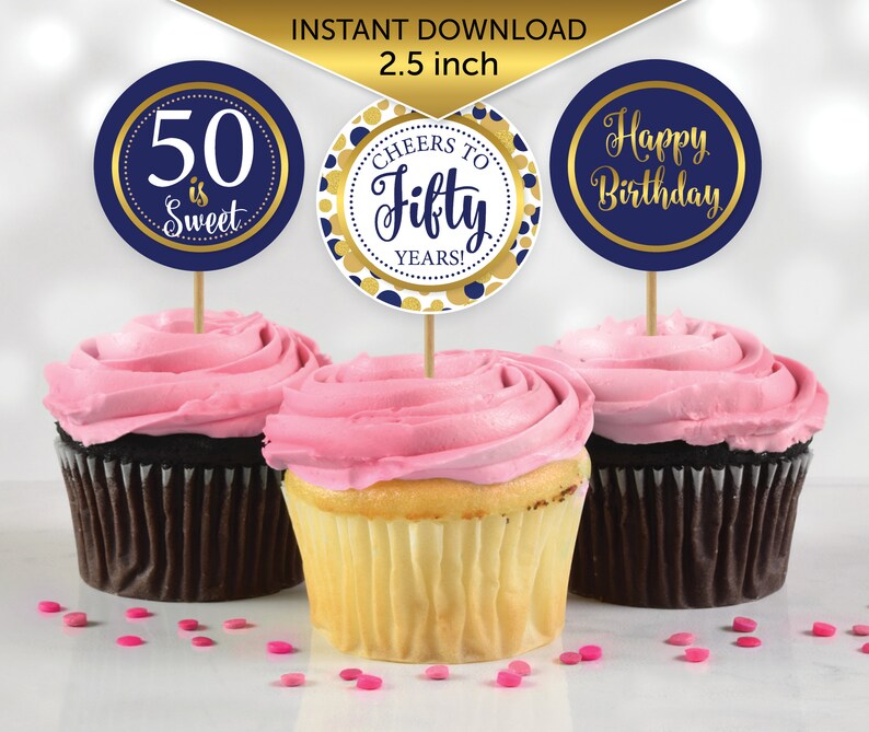 Round Cupcake Toppers 50th Birthday Digital Printable Etsy
