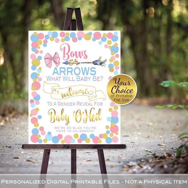 Bows or Arrows Gender Reveal Welcome Sign | Printable | Pink Blue Gold on White | Arrow | Bow | Personalized | PRINTABLE DIGITAL FILES