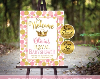 Royal Baby Shower Welcome Sign Printable | Pink Gold with Crown | Princess | Faux Glitter Gold | Personalized | PRINTABLE DIGITAL File