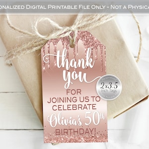 Thank You Favor Tags for Birthday | 2x3.5 | Personalized | Frosting Drips of Rose Gold Glitter Confetti | DIGITAL PRINTABLE FILES