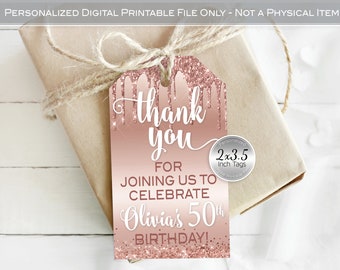 Rose Gold Glitter Birthday Thank You Favor Tags (Personalized Digital Printable Files)