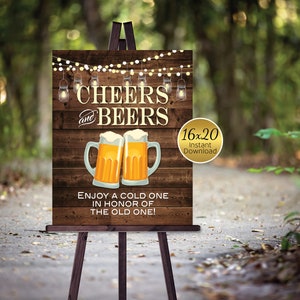 Cheers and Beers Enjoy A Cold One for Old One | 16x20 Printable Birthday Bar Sign | Faux Wood | Lanterns Garland | Digital INSTANT DOWNLOAD