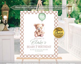 Bear 1st Birthday Welcome Sign: Brown Gingham, Green Balloon (Printable Digital File)