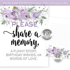 Share a Memory Printable Sign and Cards Set | Birthday Wishes | Words of Love | Lavender Flowers Silver Confetti | Digital INSTANT DOWNLOAD