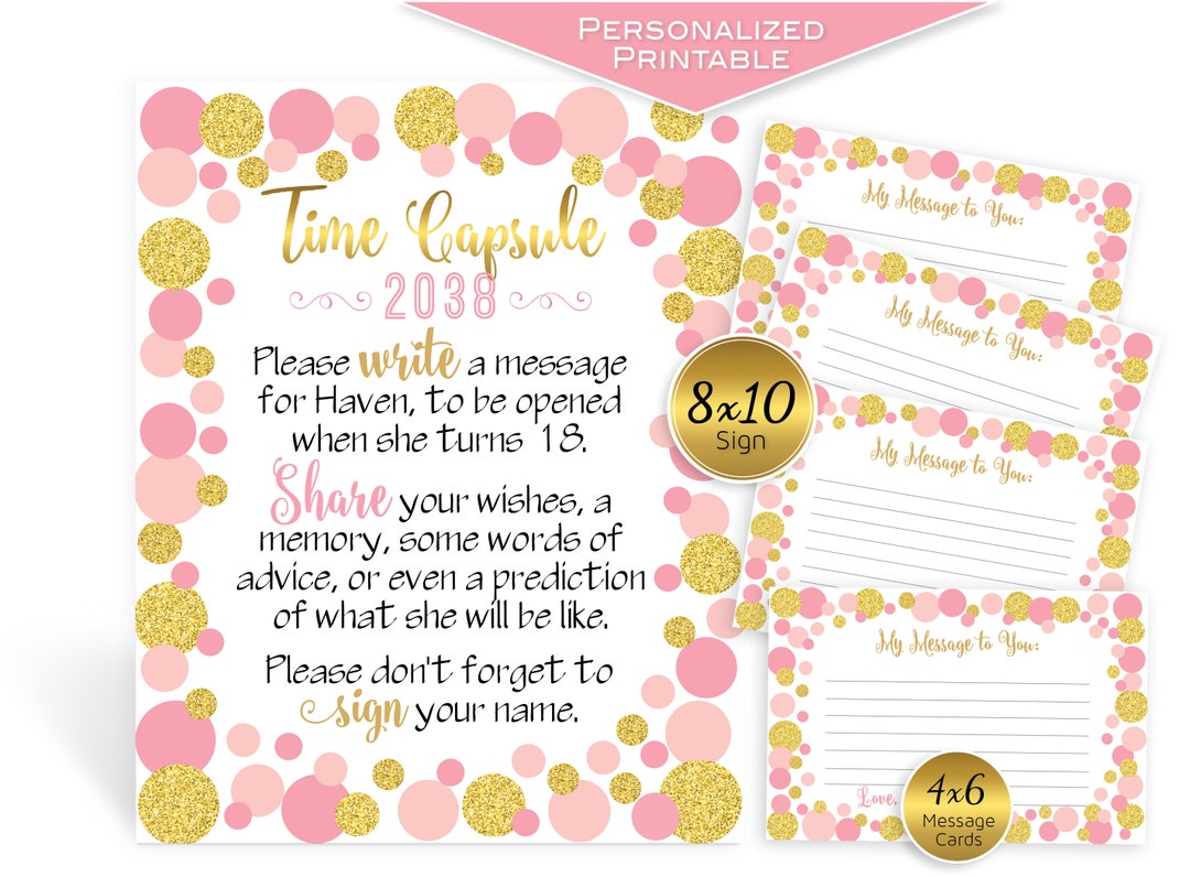 Time Capsule for 1st First Birthday or Baby Shower Personalized Printable Pink and Gold Faux ...