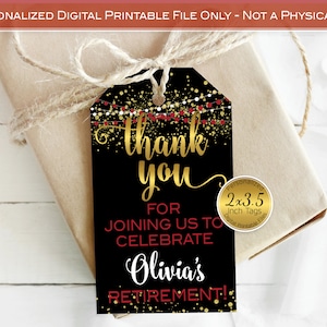 Thank You 2x3.5 Retirement Celebration Favor Tags | Personalized Printable | Red Gold and Black | Gold Confetti | DIGITAL PRINTABLE FILES