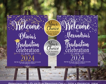 Graduation Celebration Party Personalized Welcome Sign Printable | Purple with Gold or Silver | Class of 2024 | DIGITAL PRINTABLE FILES